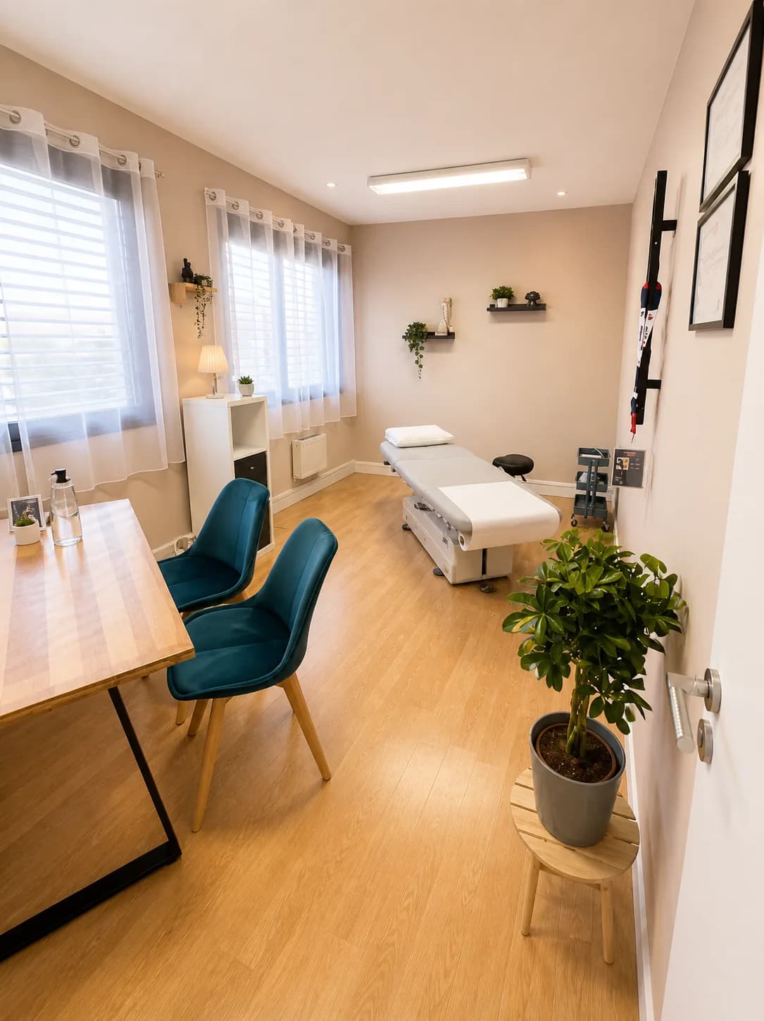 Cabinet d'ostéopathie à Ferney-Voltaire avec table de soin et espace d'entretien